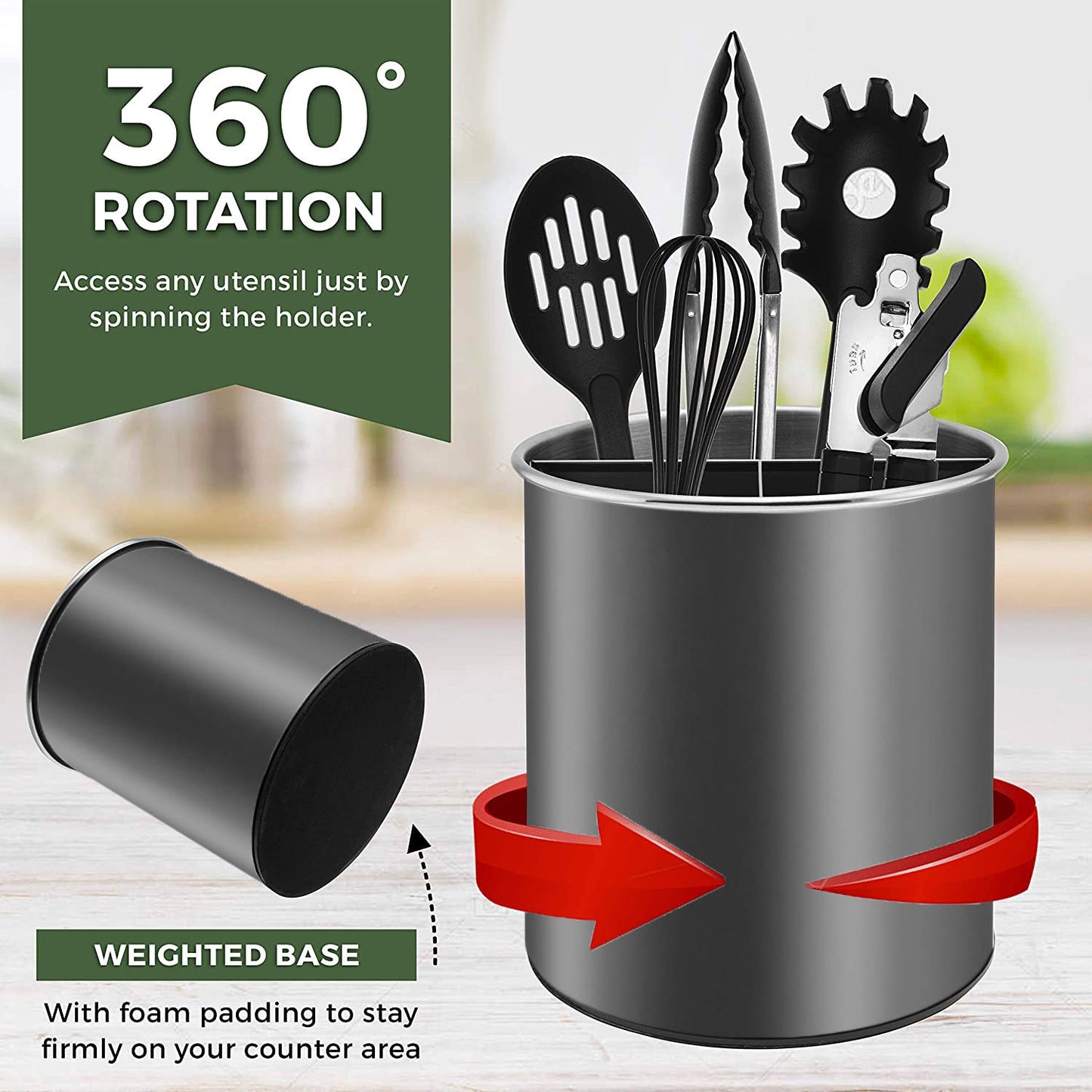 Bartnelli Extra Large Stainless Steel Kitchen Utensil Holder - 360° Rotating Utensil Caddy - Weighted Base for Stability - Countertop Organizer Crock With Removable Divider (IRON GRAY)