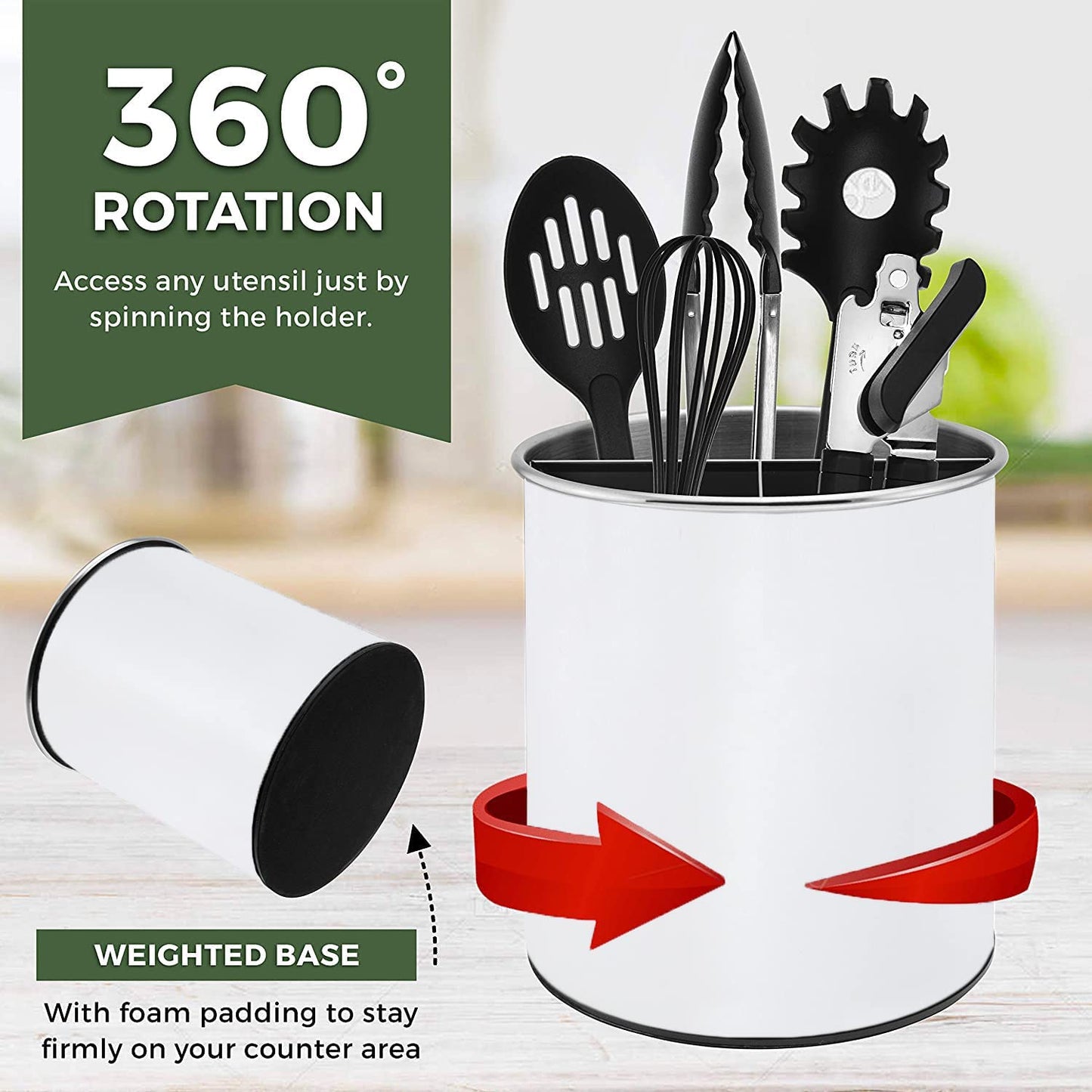Bartnelli Extra Large Stainless Steel Kitchen Utensil Holder - 360° Rotating Utensil Caddy - Weighted Base for Stability - Countertop Organizer Crock With Removable Divider (COOL WHITE)