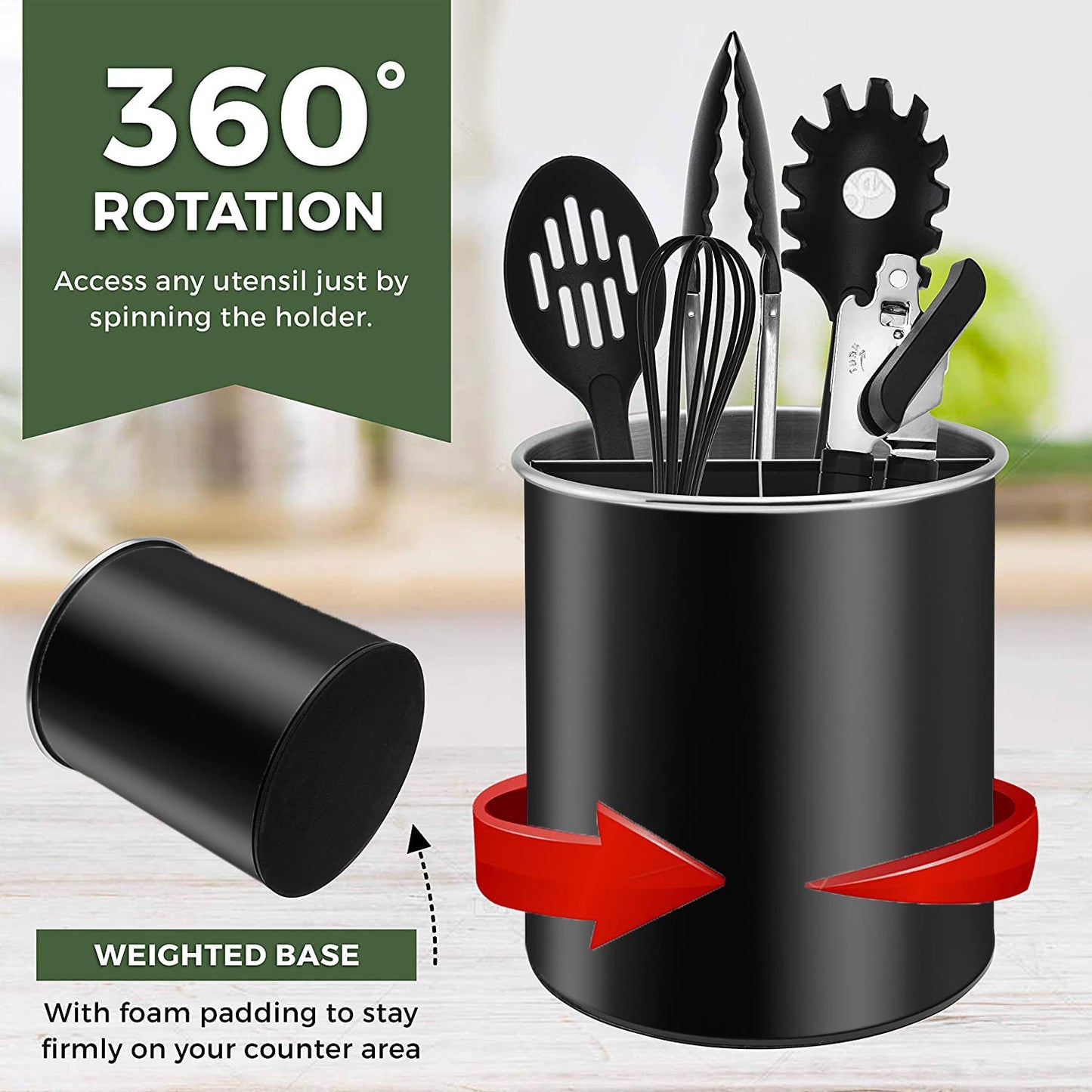 Bartnelli Extra Large Stainless Steel Kitchen Utensil Holder - 360° Rotating Utensil Caddy - Weighted Base for Stability - Countertop Organizer Crock With Removable Divider (NIGHT BLACK)
