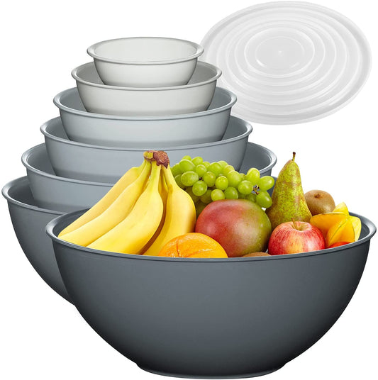 12 Piece Plastic Mixing Bowls Set, Colorful Nesting Bowls with Lids, 6 Prep Bowls and 6 Lids - Color Food Storage for Leftovers, Fruit, Salads, Snacks, and Potluck Dishes - Microwave and Freezer Safe (GRAY)