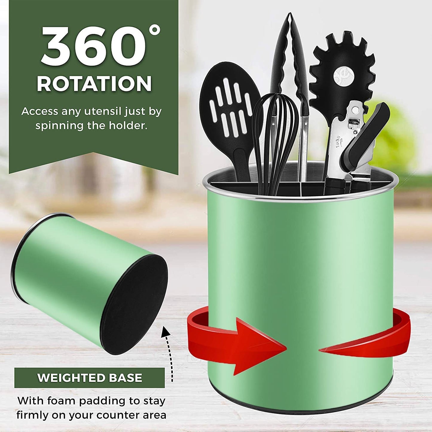 Bartnelli Extra Large Stainless Steel Kitchen Utensil Holder - 360° Rotating Utensil Caddy - Weighted Base for Stability - Countertop Organizer Crock With Removable Divider (TEA GREEN)