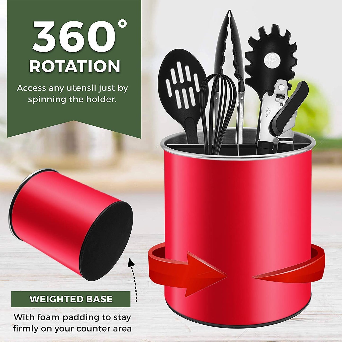 Bartnelli Extra Large Stainless Steel Kitchen Utensil Holder - 360° Rotating Utensil Caddy - Weighted Base for Stability - Countertop Organizer Crock With Removable Divider (RUBY RED)