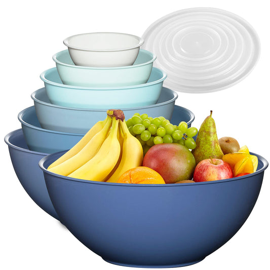 12 Piece Plastic Mixing Bowls Set, Colorful Nesting Bowls with Lids, 6 Prep Bowls and 6 Lids - Color Food Storage for Leftovers, Fruit, Salads, Snacks, and Potluck Dishes - Microwave and Freezer Safe (BLUE)