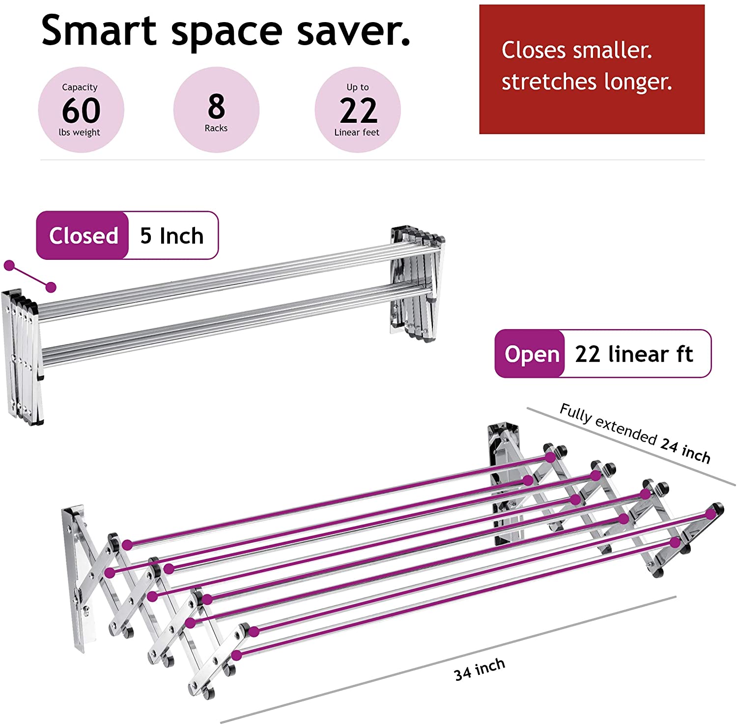Bartnelli Accordion Wall Mounted Drying Rack | 8 Smooth Round Stainles
