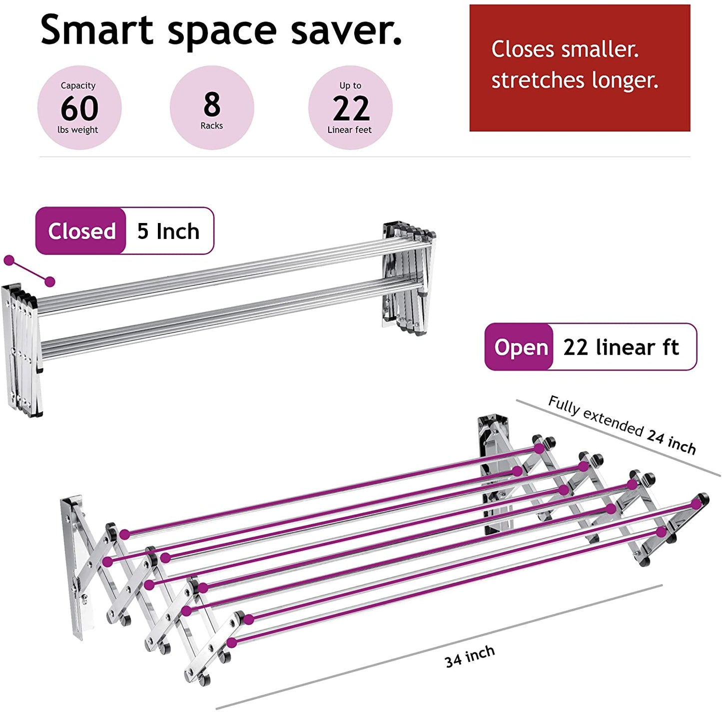 Bartnelli Accordion Wall Mounted Drying Rack | 8 Smooth Round Stainless Steel Rods | Huge 22 Linear Feet Capacity | Compact Sleek Design || 60lb Capacity (60 lb Capacity)