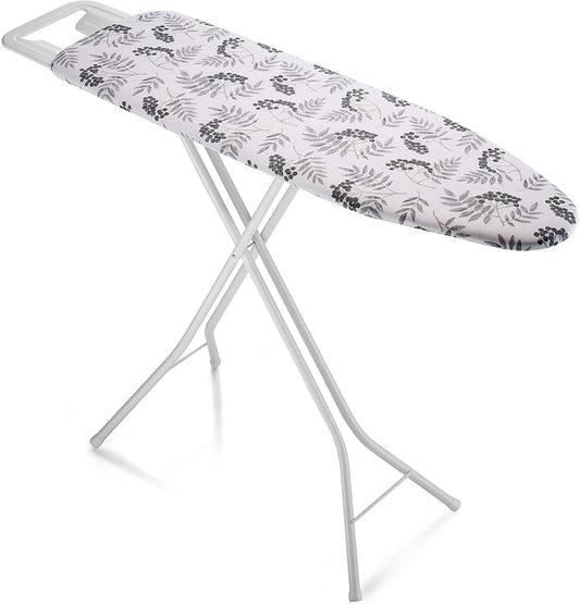 Bartnelli Ironing Board Made in Europe | Iron Board with 4 Layered Cover & Pad, Height Adjustable up to 36" Features A Safety Iron Rest, 4 Steel Legs, for Home Laundry Room or Dorm Use (43x14) (GRAY LEAVES)