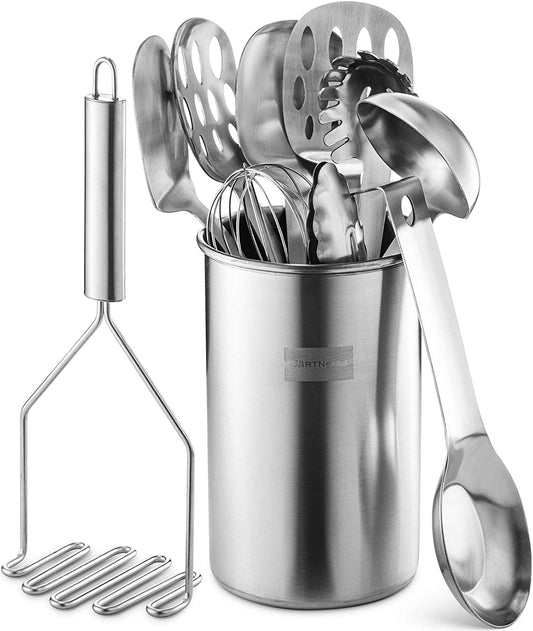 BUSH110 Bartnelli 11-Piece Kitchen Utensils Set with Holder - Non-Stick Stainless Steel Cooking Utensils with Heat-Resistant Handle - Includes Cooking Spoons, Potato Smasher, Slotted Turner, Whisk, and More