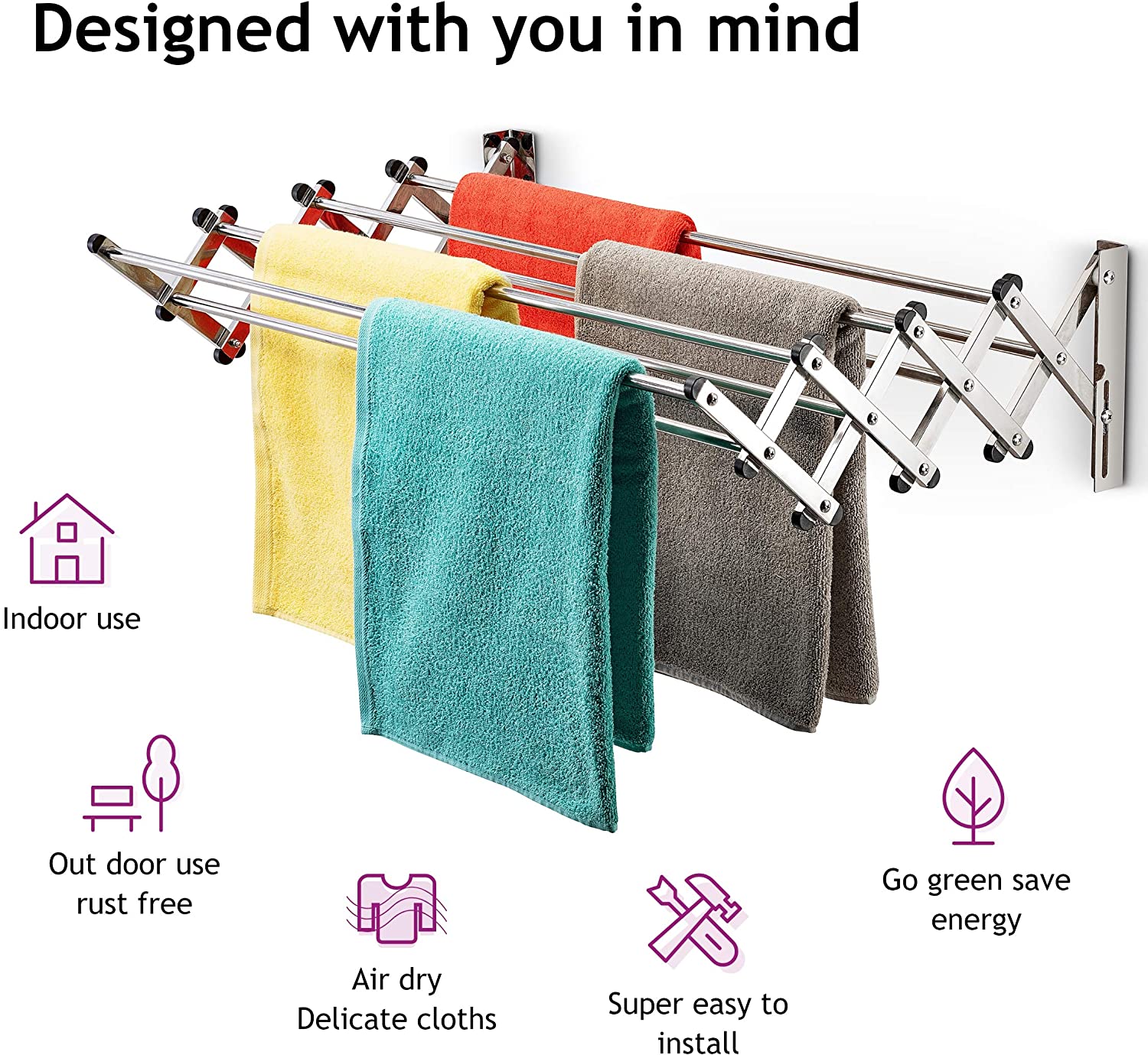 Bartnelli Accordion Wall Mounted Drying Rack | 8 Smooth Round Stainles
