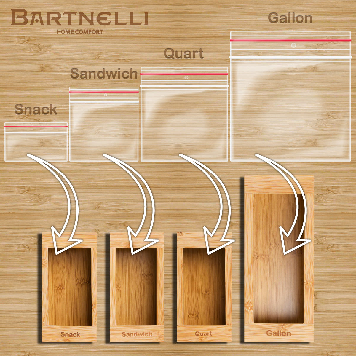 Bartnelli Drawer Storage Organizer for Ziploc Bag , 4 PC Premium Bamboo Kitchen Drawer Organizer, Dispenser, and Bags Holders | Compatible With All Brands With Variety Sizes to fit All Bag Sizes