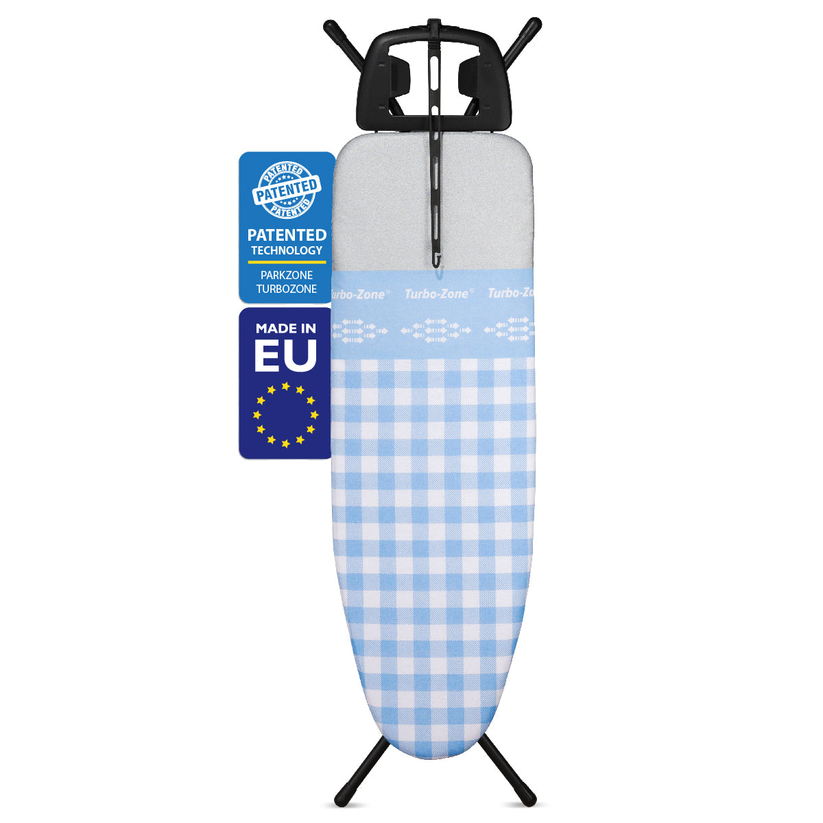 Bartnelli Heavy Duty Ironing Board 48x15 | Designed & Made in Europe with Patent Technology, Turbo & Park Zone, Features: 4 Layer Cover &Pad,Height-Adjustable,4 Premium Steel Legs,Upgraded Iron Rest (BLUE,WHITE CHECKERED)