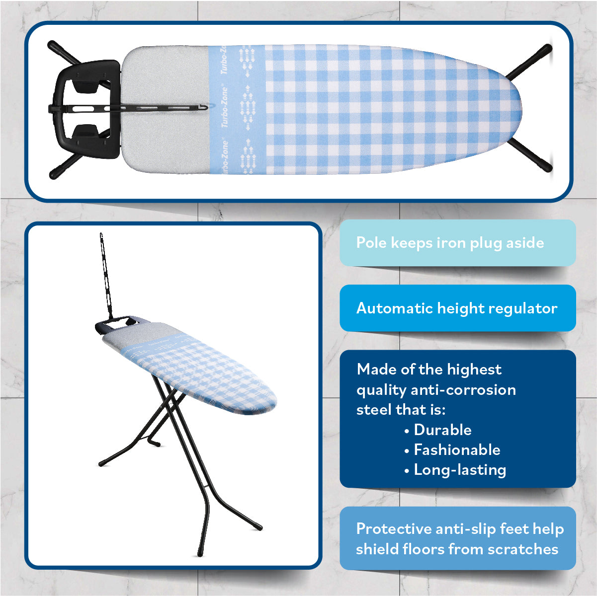 Bartnelli Heavy Duty Ironing Board 48x15 | Designed & Made in Europe with Patent Technology, Turbo & Park Zone, Features: 4 Layer Cover &Pad,Height-Adjustable,4 Premium Steel Legs,Upgraded Iron Rest (BLUE,WHITE CHECKERED)