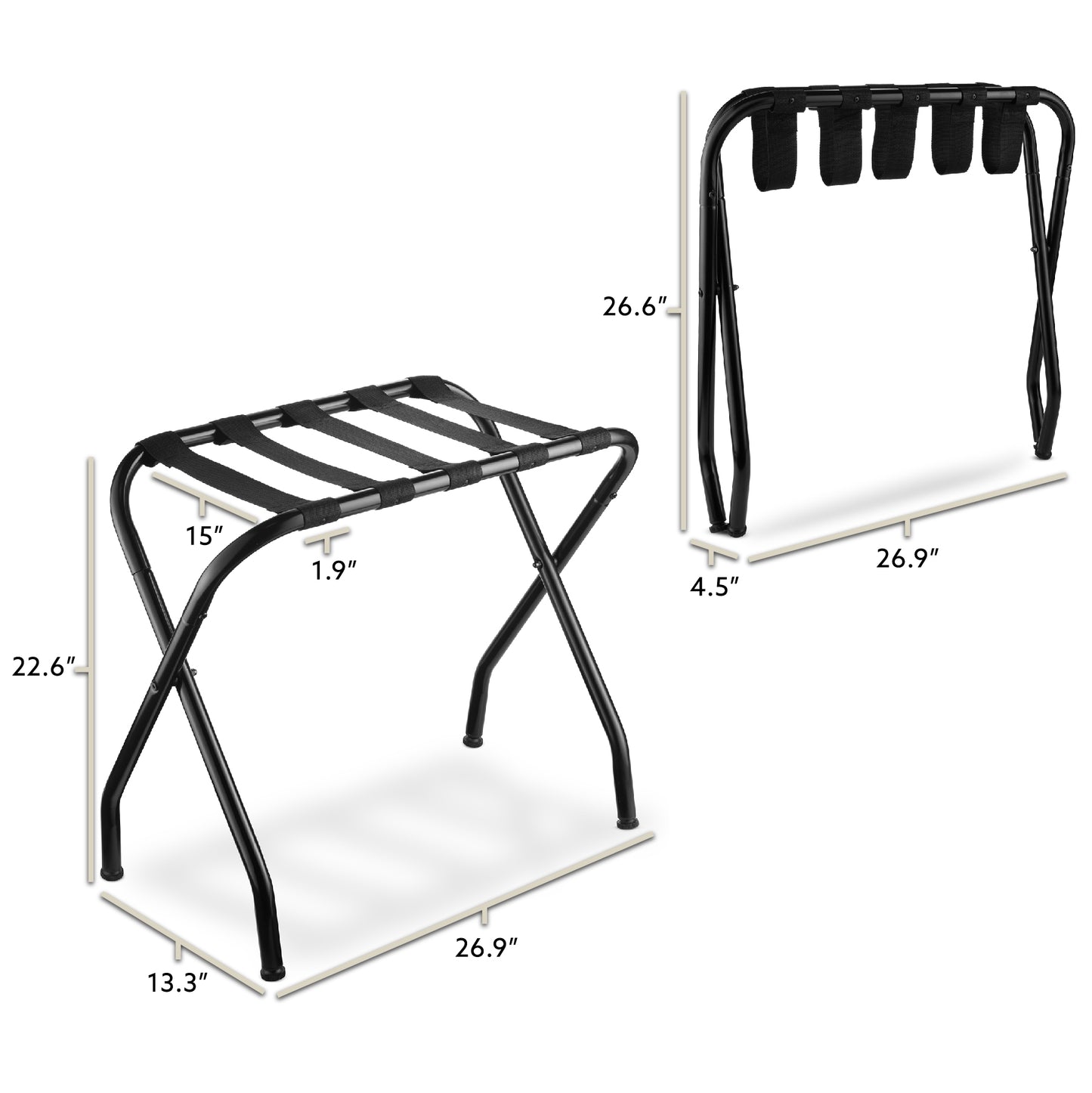 Bartnelli 2-Pack Folding Luggage Rack Collapsible Metal Suitcase Stand with Durable Black Nylon Straps- for Bedroom, Guest Room, or Hotel (BLACK STEEL)