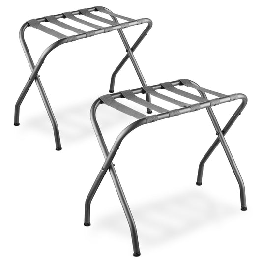 Bartnelli 2-Pack Folding Luggage Rack Collapsible Metal Suitcase Stand with Durable Black Nylon Straps- for Bedroom, Guest Room, or Hotel (GRAY STEEL)