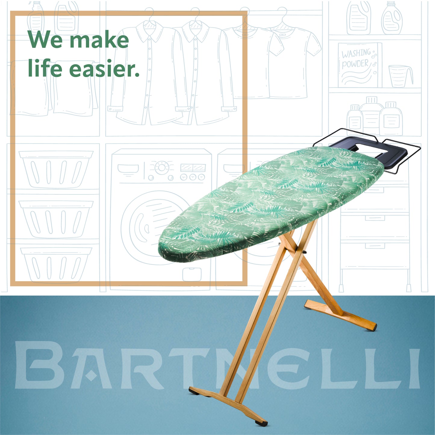 Bartnelli Pro Luxury Ironing Board Beech Wood Legs - Extra Wide 51x19” with Heavy Duty Steam Iron Rest, and Wheels for Easy Storage, Adjustable Height, T-Leg, Foldable, European Made