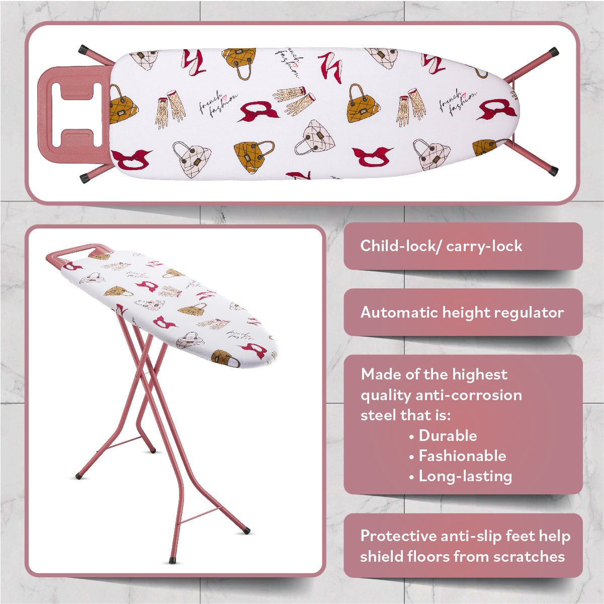 Bartnelli Ironing Board Made in Europe | Iron Board with 4 Layered Cover & Pad, Height Adjustable up to 36" Features A Safety Iron Rest, 4 Steel Rose Legs, for Home Laundry Room or Dorm Use (43x14) (ROSE LEGS FRENCH FASHION COVER)