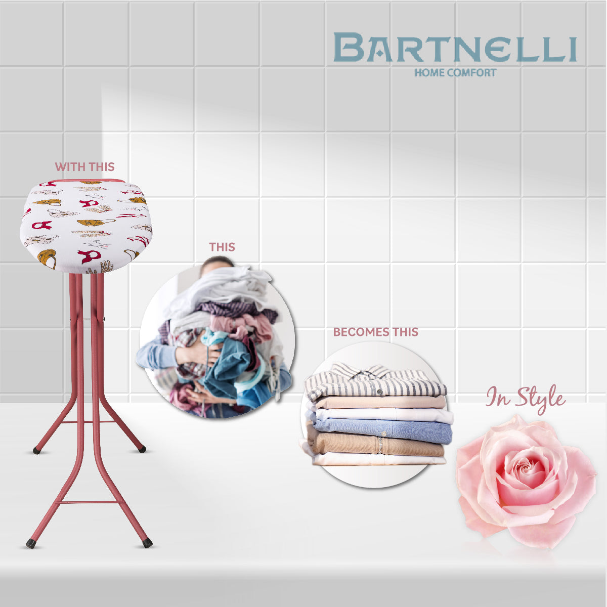Bartnelli Ironing Board Made in Europe | Iron Board with 4 Layered Cover & Pad, Height Adjustable up to 36" Features A Safety Iron Rest, 4 Steel Rose Legs, for Home Laundry Room or Dorm Use (43x14) (ROSE LEGS FRENCH FASHION COVER)
