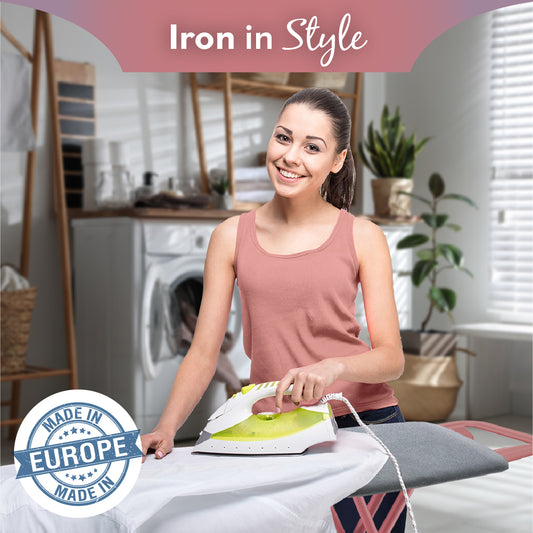 Bartnelli Ironing Board Made in Europe | Iron Board with 4 Layered Cover & Pad, Height Adjustable up to 36" Features A Safety Iron Rest, 4 Steel Rose Legs, for Home Laundry Room or Dorm Use (43x14) (ROSE LEGS GRAY COVER)