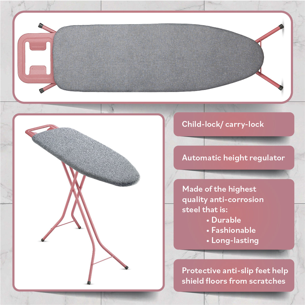 Bartnelli Ironing Board Made in Europe | Iron Board with 4 Layered Cover & Pad, Height Adjustable up to 36" Features A Safety Iron Rest, 4 Steel Rose Legs, for Home Laundry Room or Dorm Use (43x14) (ROSE LEGS GRAY COVER)