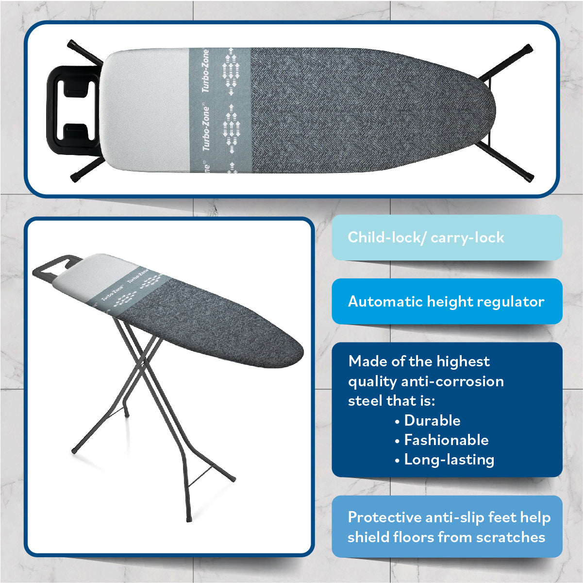 Bartnelli Ironing Board with New Patent Technology | Made in Europe Iron Board with Patent Fast-Glide Turbo & Park Zone, 4 Layer Cover & Pad,Height Adjustable,Safety Iron Rest,4 Premium Steel Legs (BLACK HERRINGBONE)