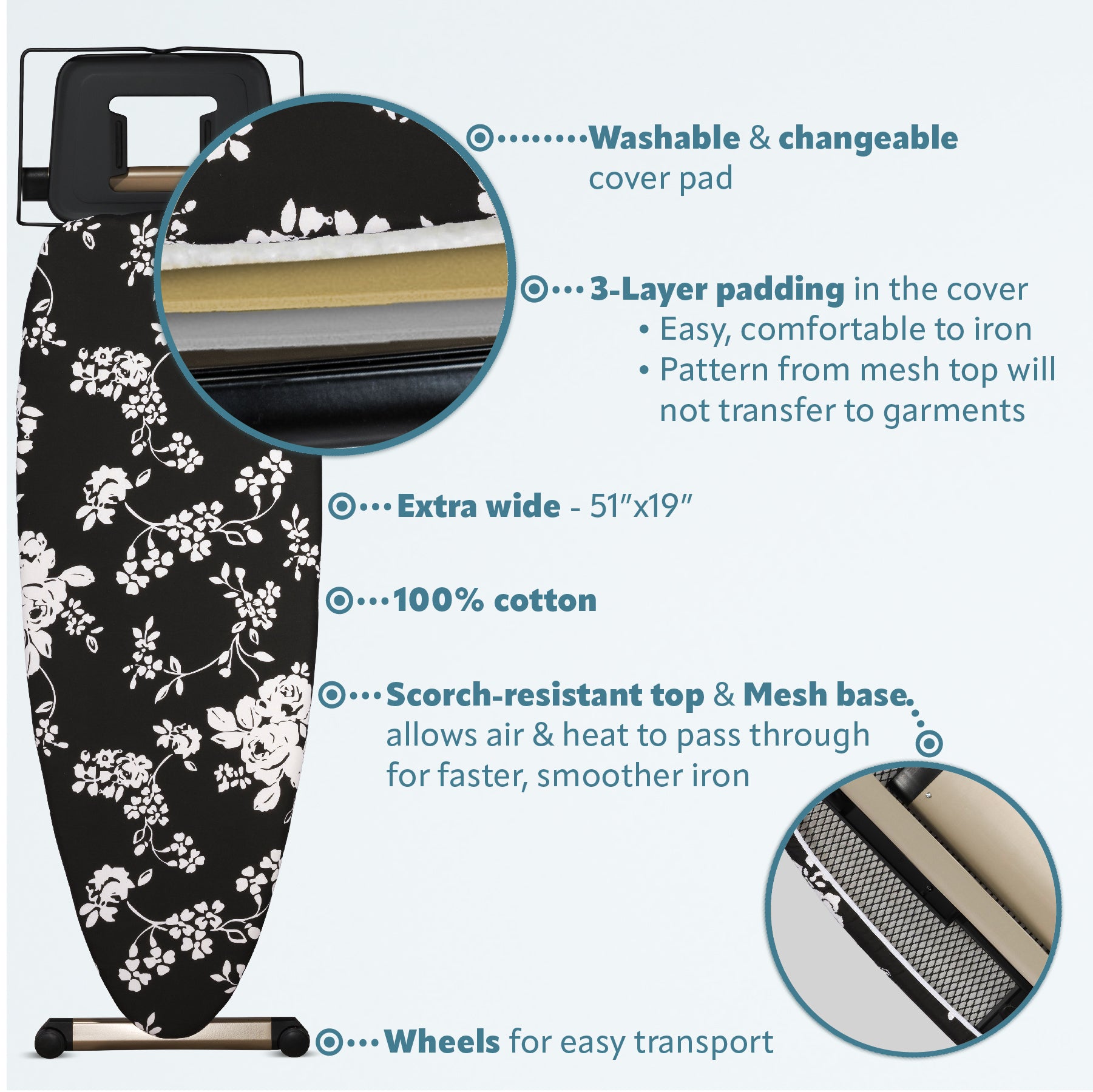 Bartnelli Pro Luxury Ironing Board - Extra Wide 51x19” with Heavy Duty Steam Iron Rest, and Wheels for Easy Storage, Adjustable Height, T-Leg, Foldable, European Made