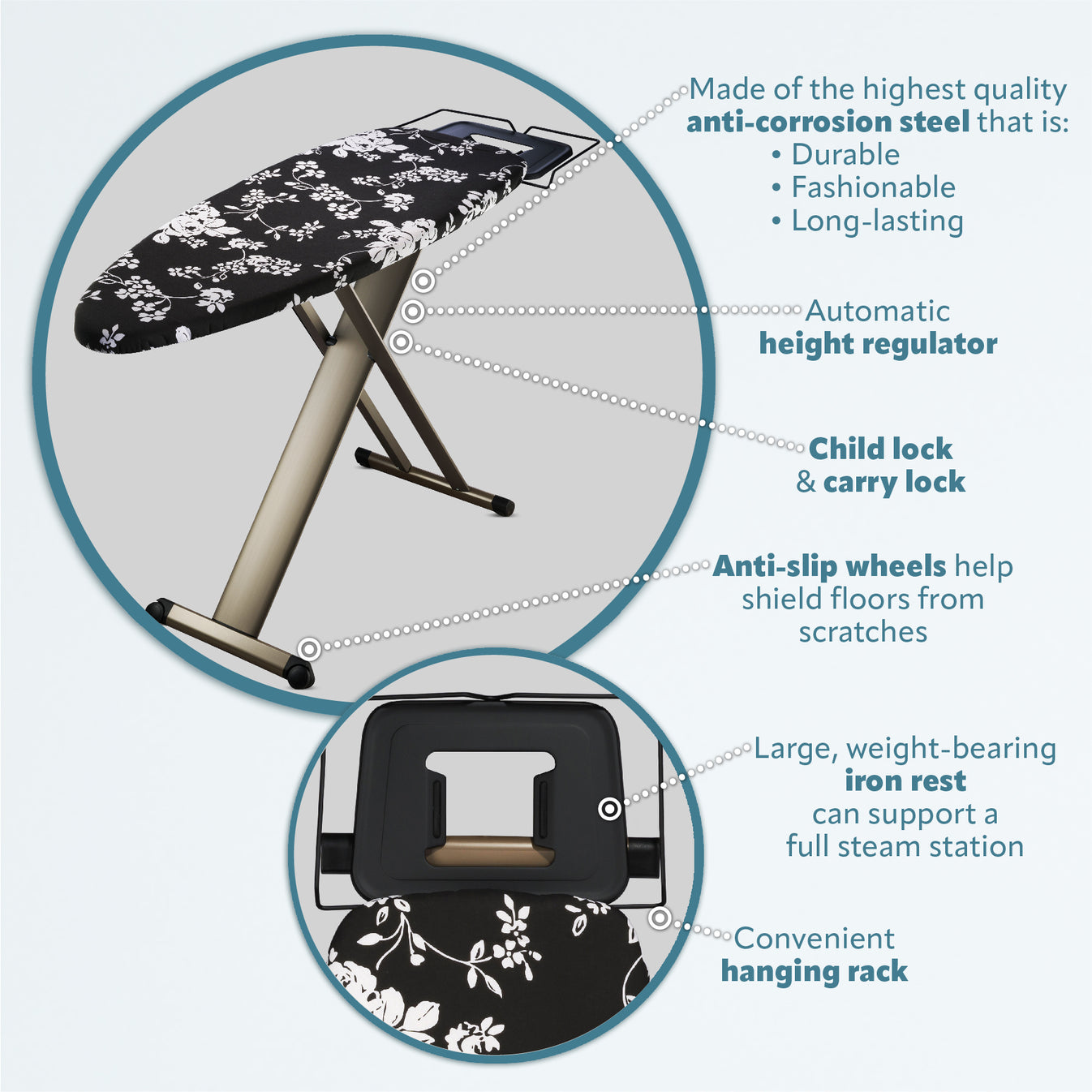 Bartnelli Pro Luxury Ironing Board Extra Wide 51x19” with Heavy Duty