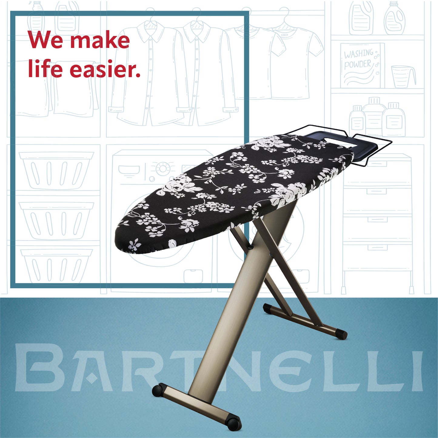 Bartnelli Pro Luxury Ironing Board - Extra Wide 51x19” with Heavy Duty Steam Iron Rest, and Wheels for Easy Storage, Adjustable Height, T-Leg, Foldable, European Made