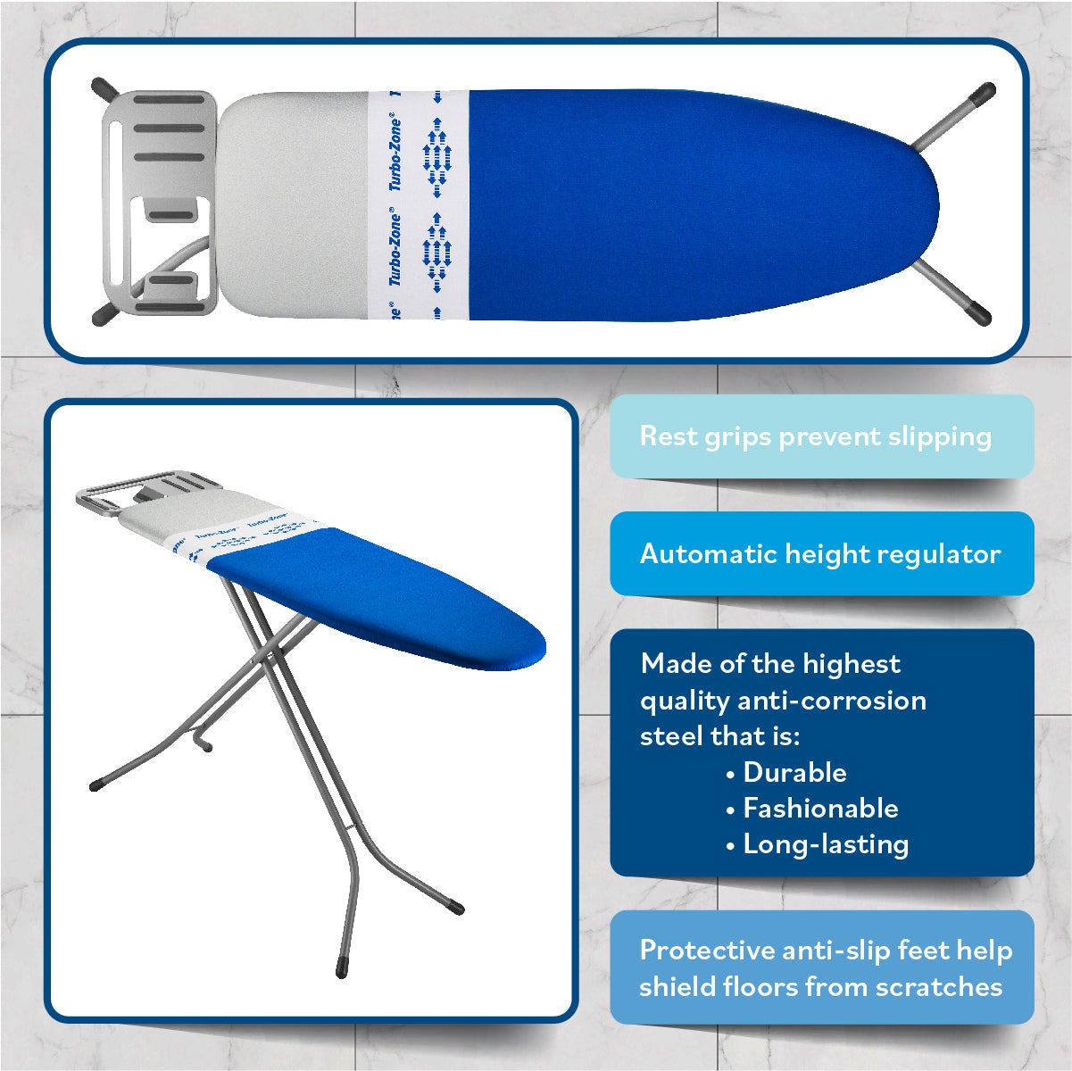 Bartnelli Heavy Duty Ironing Board 48x15 | Designed & Made in Europe with Patent Technology, Turbo & Park Zone, Features: 4 Layer Cover &Pad,Height-Adjustable,4 Premium Steel Legs,Upgraded Iron Rest (BLUE)