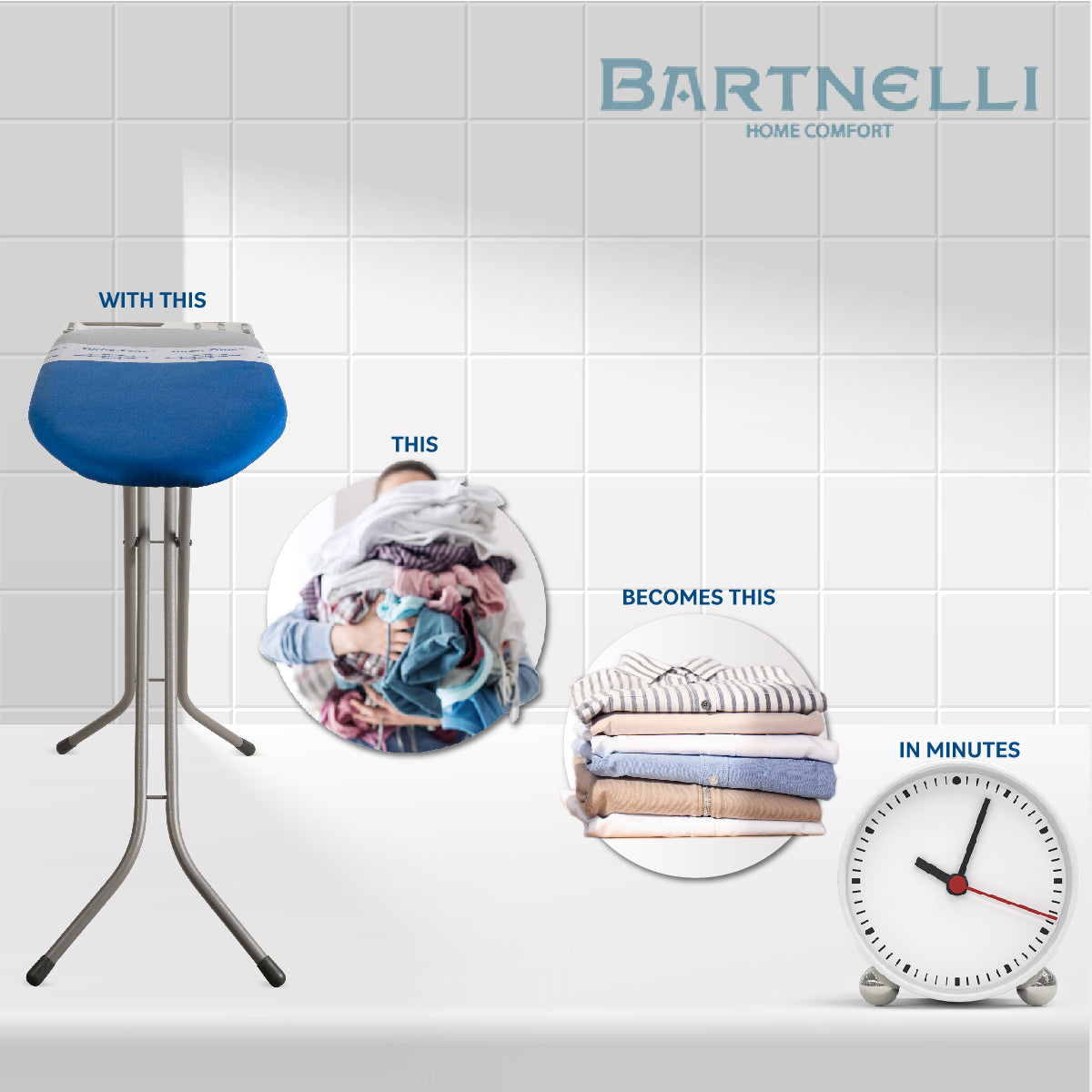 Bartnelli Heavy Duty Ironing Board 48x15 | Designed & Made in Europe with Patent Technology, Turbo & Park Zone, Features: 4 Layer Cover &Pad,Height-Adjustable,4 Premium Steel Legs,Upgraded Iron Rest (BLUE)