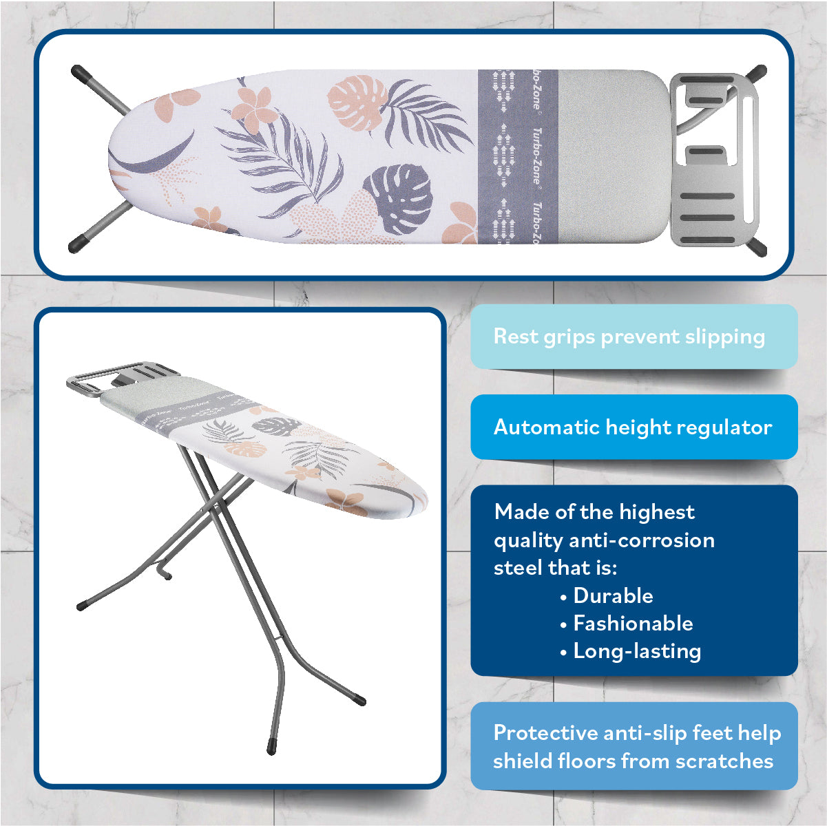Bartnelli Heavy Duty Ironing Board 48x15 | Designed & Made in Europe with Patent Technology, Turbo & Park Zone, Features: 4 Layer Cover &Pad,Height-Adjustable,4 Premium Steel Legs,Upgraded Iron Rest (TROPICAL)