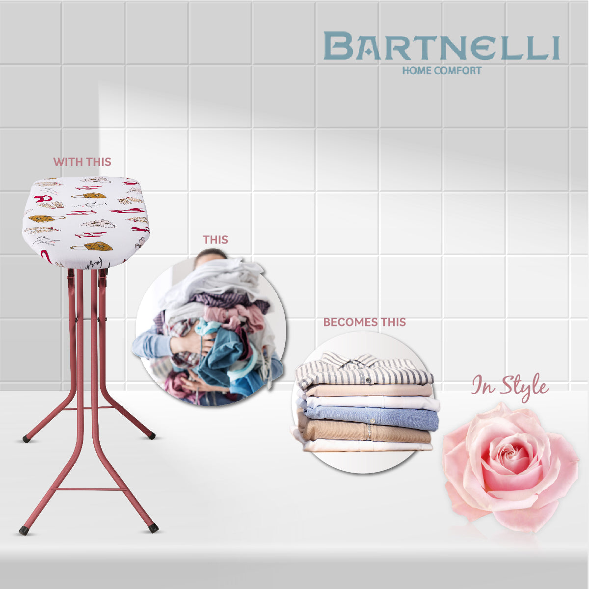 Copy of Bartnelli Ironing Board Made in Europe | Compact Space Saving Smart Hanger Iron Board for Easy Storage | Lightweight, 4 Layer Cover Pad, 4 Rose Leg, for Dorm, Laundry Room, or Small Space(43x13-35) (ROSE LEGS FRENCH FASHION COVER)