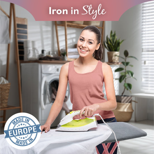 Bartnelli Ironing Board Made in Europe | Compact Space Saving Smart Hanger Iron Board for Easy Storage | Lightweight, 4 Layer Cover Pad, 4 Rose Leg, for Dorm, Laundry Room, or Small Space(43x13-35) (ROSE LEGS GRAY COVER)