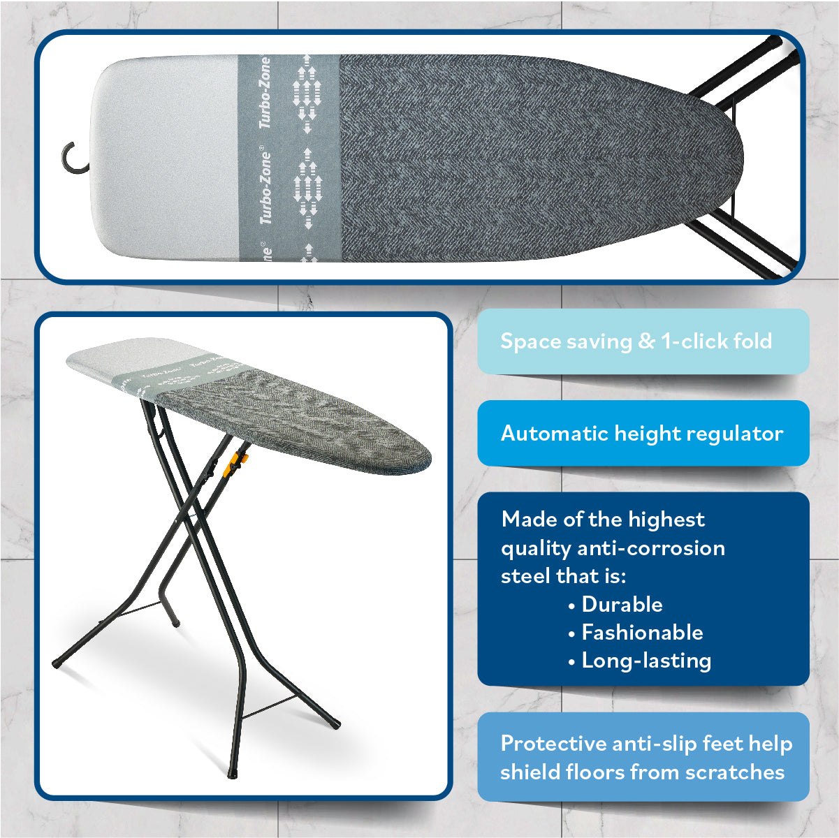 Bartnelli Smart Hanger Ironing Board with New Patent Technology | Made in Europe with Patent Fast-Glide Turbo & Park Zone, 4 Layer Cover Pad | 4 Premium Steel Legs (Size 43x13) (BLACK HERRINGBONE)
