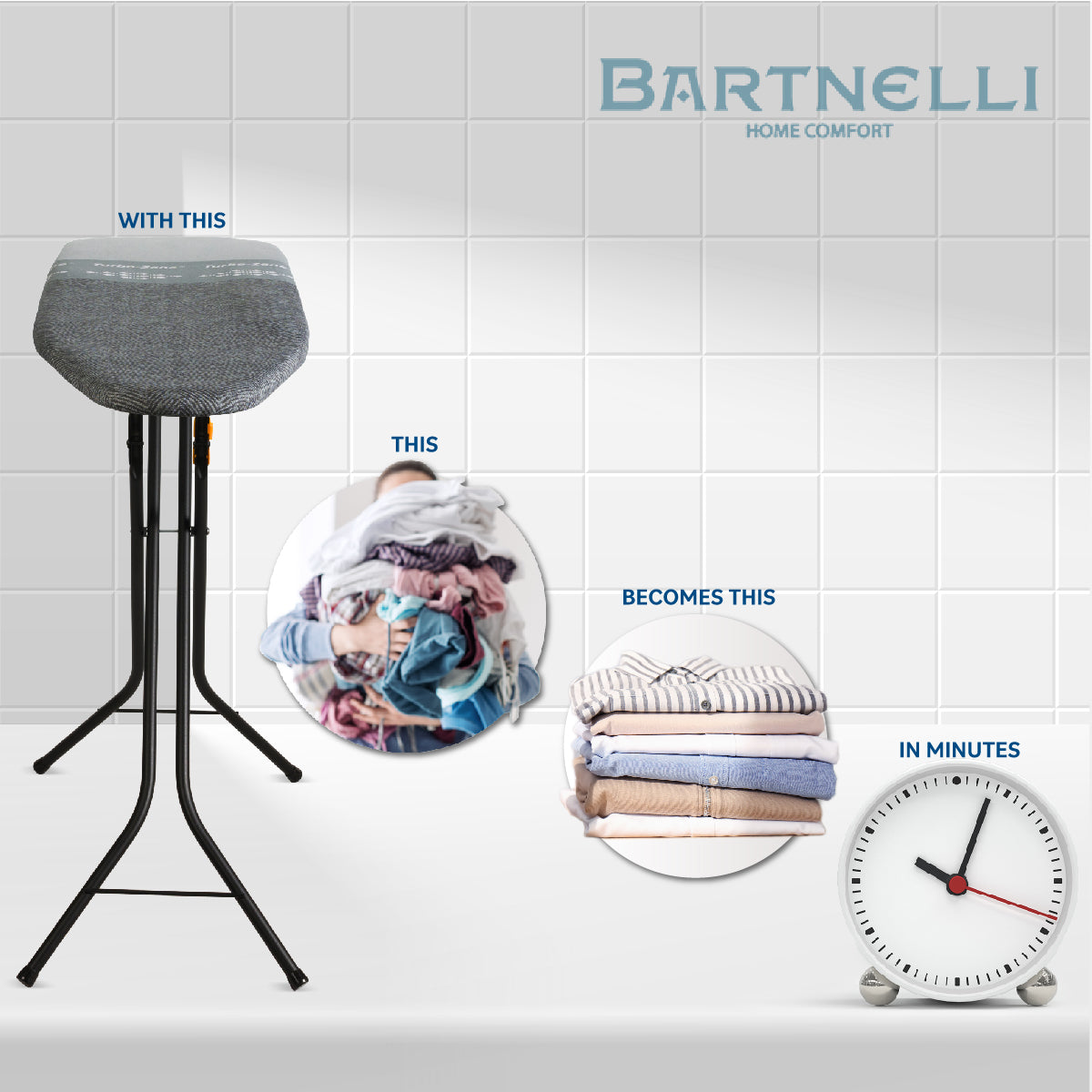 Bartnelli Smart Hanger Ironing Board with New Patent Technology | Made in Europe with Patent Fast-Glide Turbo & Park Zone, 4 Layer Cover Pad | 4 Premium Steel Legs (Size 43x13) (BLACK HERRINGBONE)